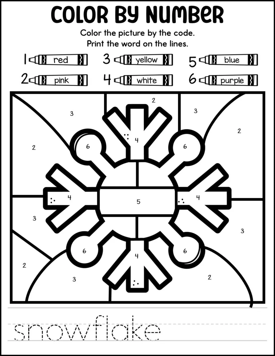 Snowflake color by number: students follow a code with pink and white to color a snowflake, then trace snowflake
