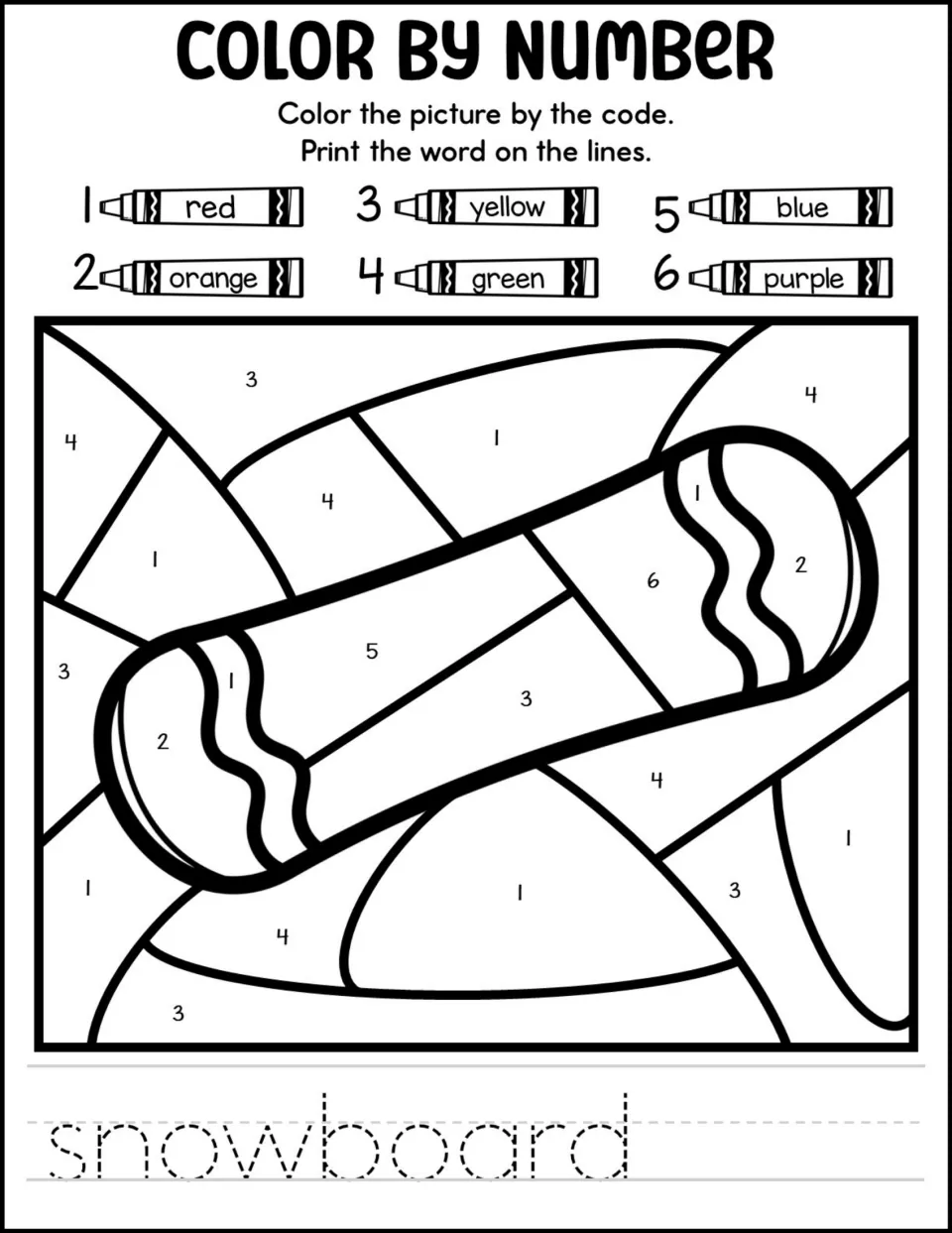 Snowboard color by number: students match numbers 1-6 to crayon colors to color a snowboard and trace its name
