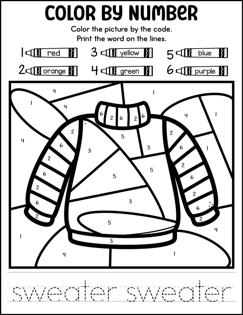 Sweater color by number: students color a striped turtleneck sweater by its 1-6 number code, then trace sweater twice
