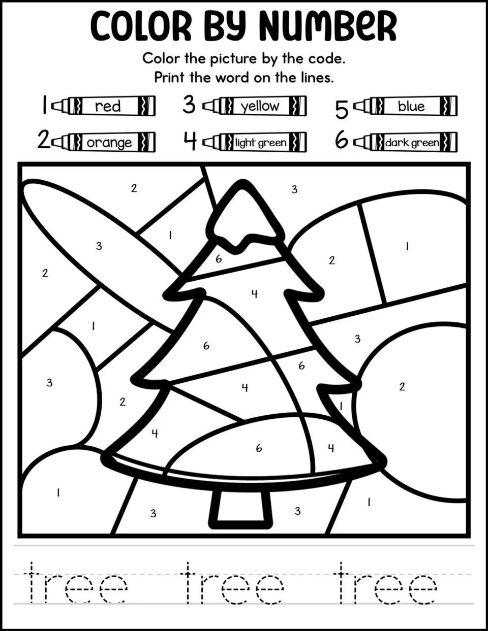 Pine tree color by number: students tell light green from dark green in a 1-6 code to color a tree, then trace tree