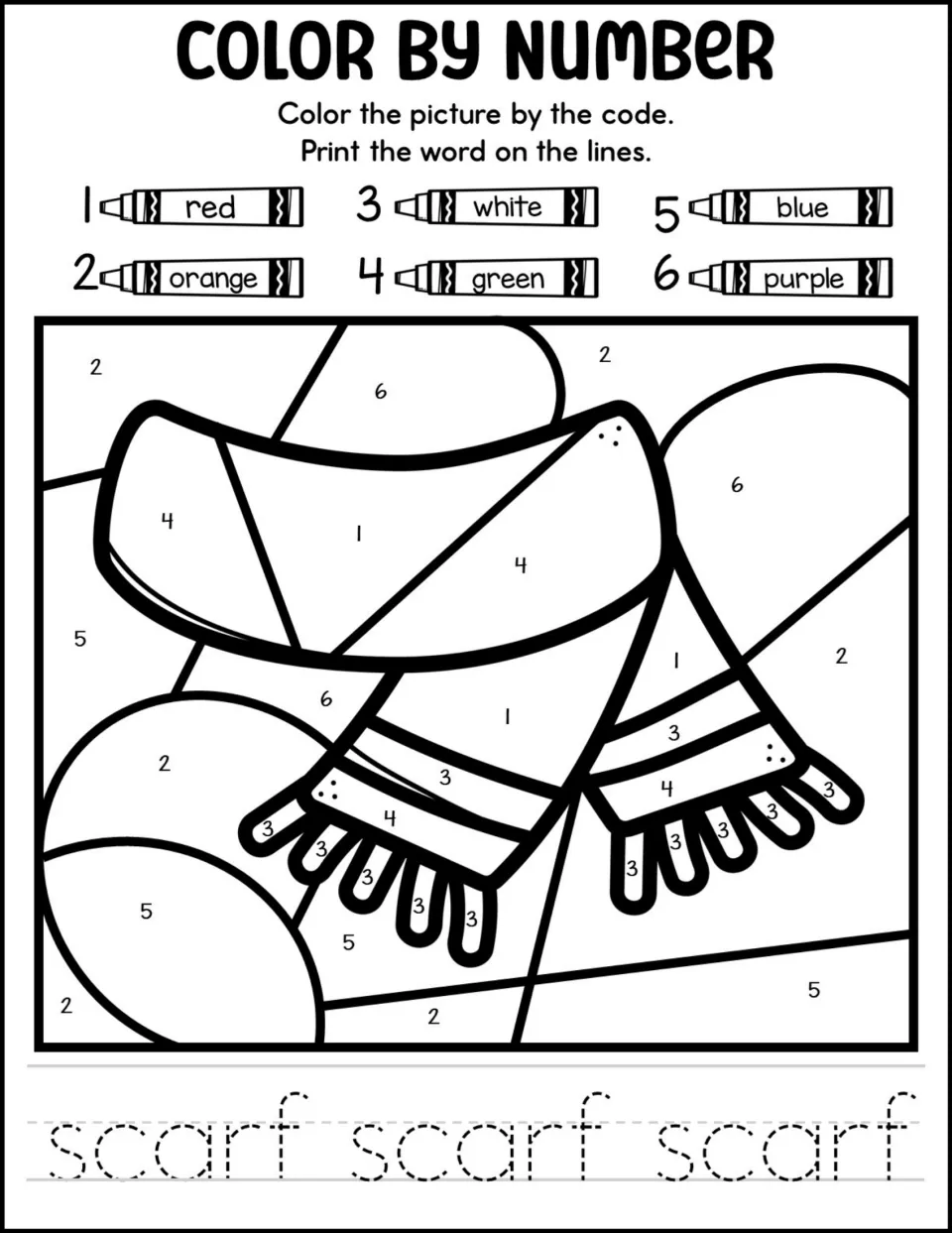 Scarf color by number: students follow a code where 3 is white to color a fringed scarf, then trace the word scarf
