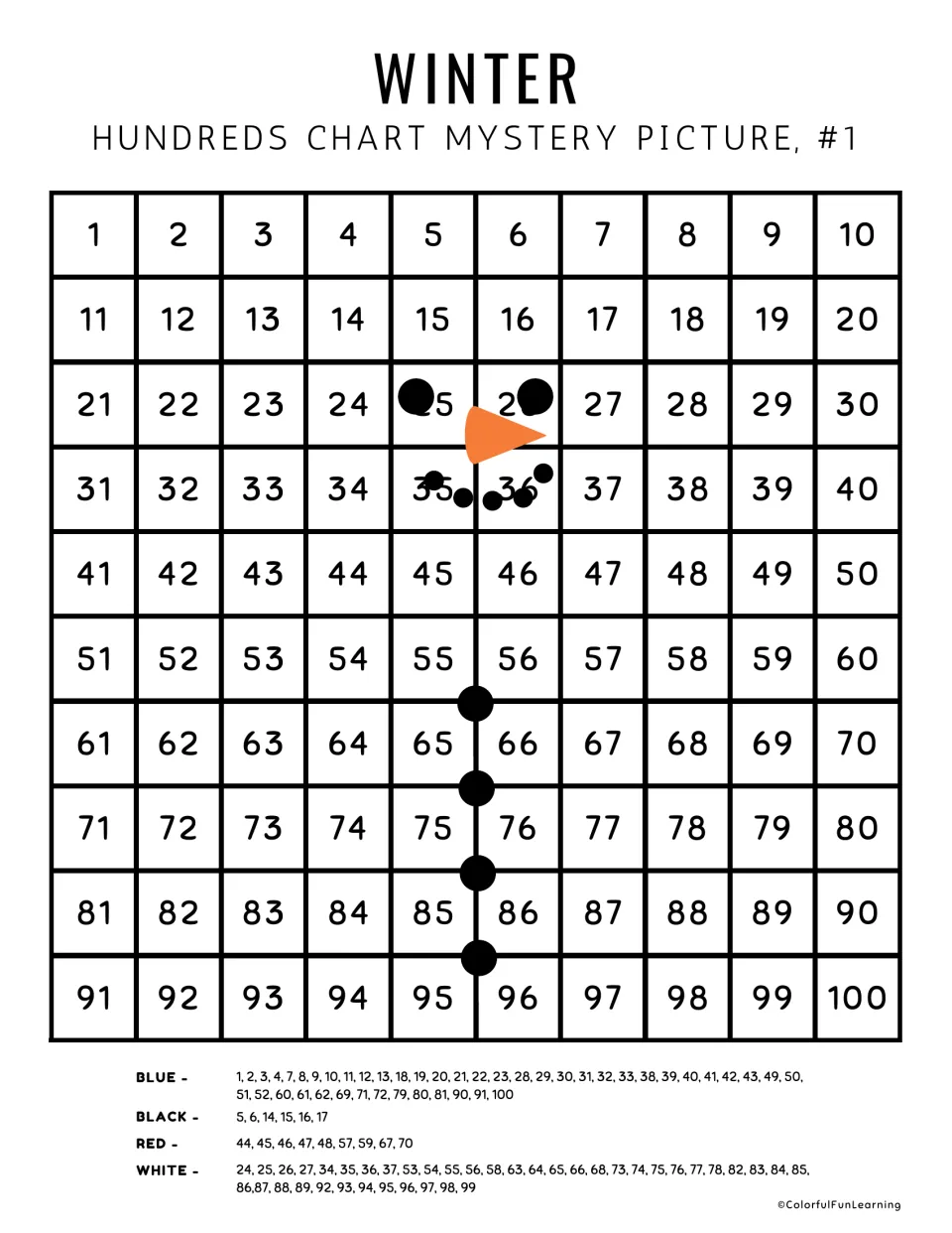Winter mystery picture #1: students color numbers 1-100 blue, black, red or white by the code to reveal a snowman