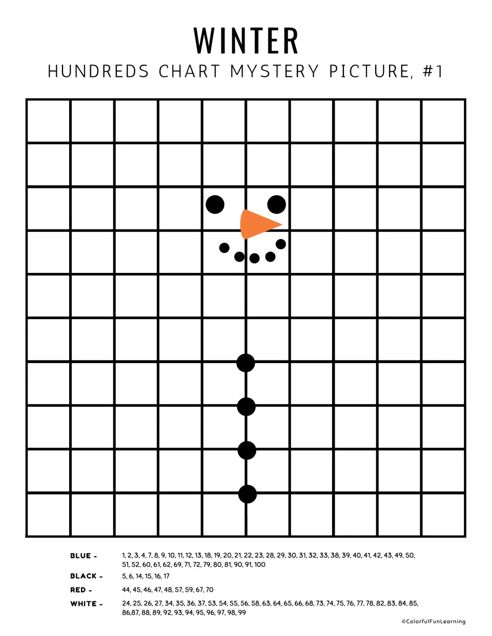 Mystery picture #1 without printed numbers: students locate each coded number and color it to reveal a snowman