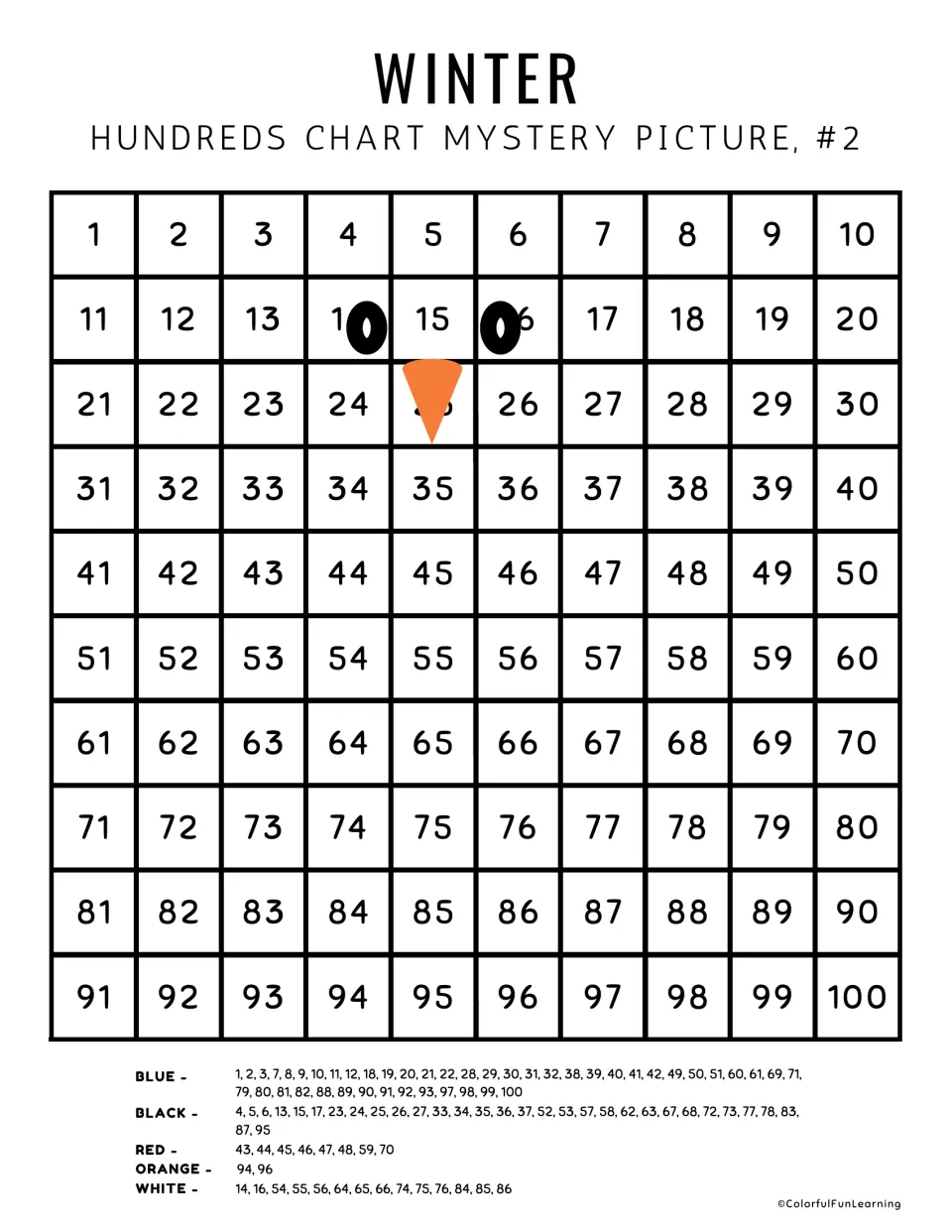 Winter mystery picture #2: students find numbers to 100 and color blue, black, red, orange or white to reveal a penguin