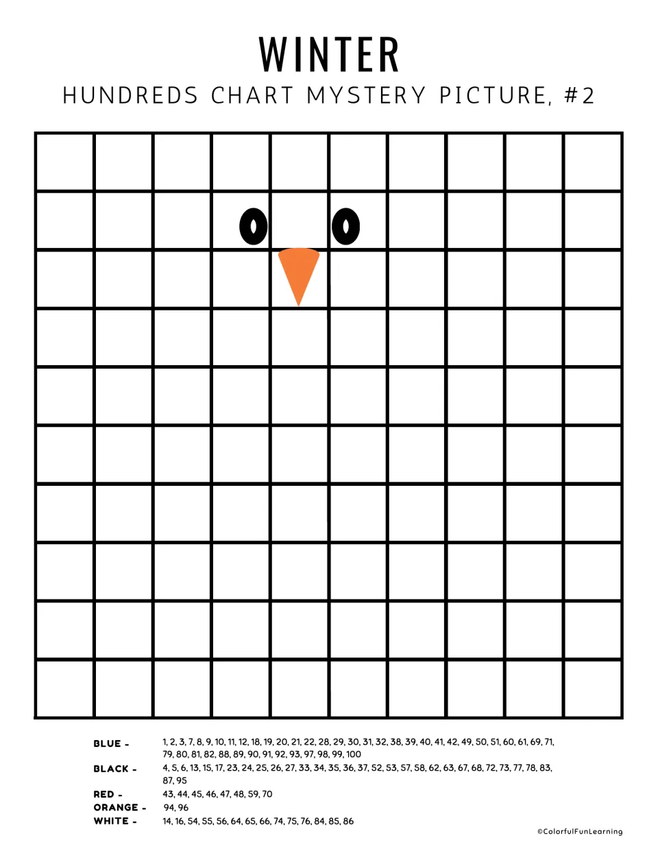 Mystery picture #2 without numbers: students count squares to place each coded number and color the hidden penguin