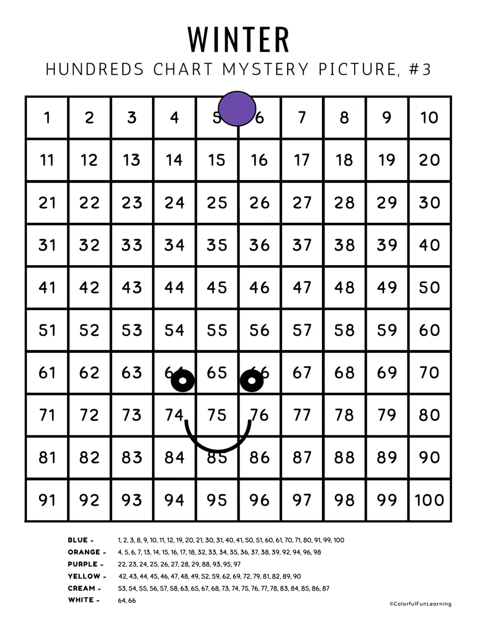 Winter mystery picture #3: students color numbers 1-100 in six code colors, including purple and cream, to reveal a child