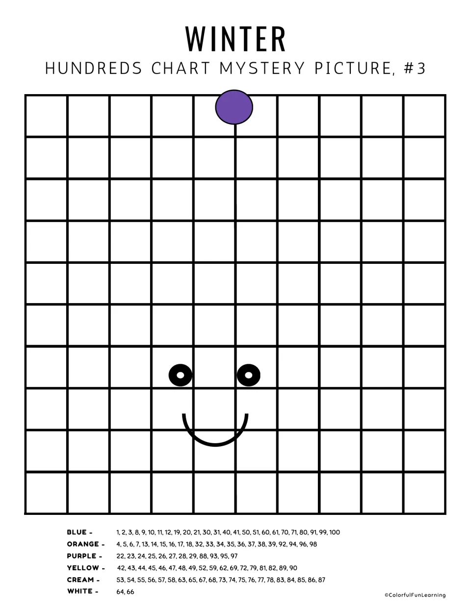 Mystery picture #3 with no printed numbers: students count to each coded square and color a child in a pom-pom hat
