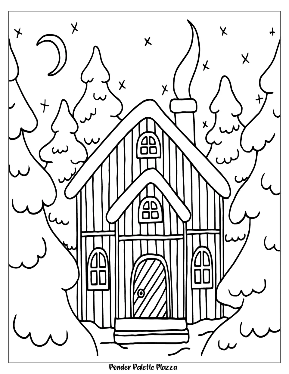 Winter coloring page 1 of 5: a tall cabin among snow-covered evergreen trees beneath a crescent moon