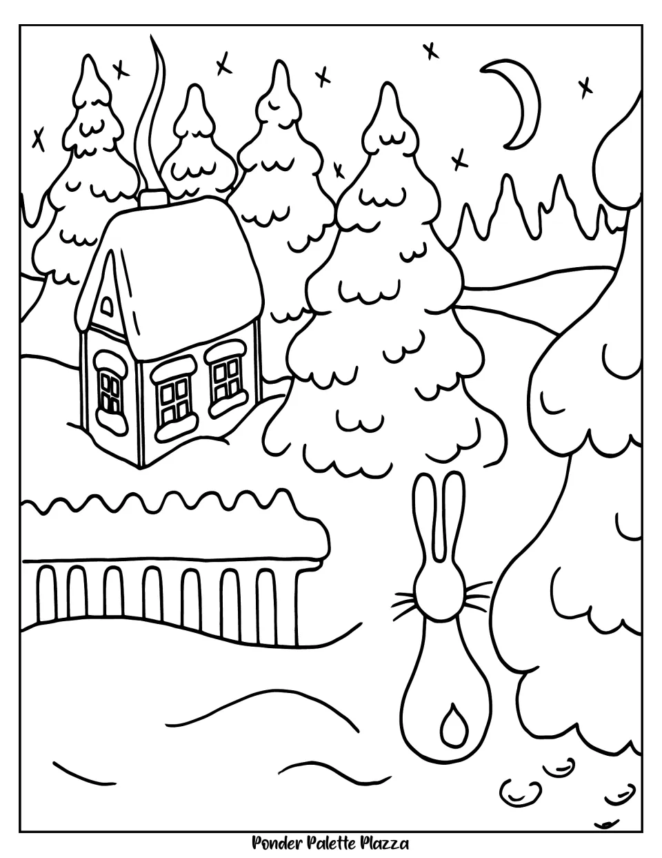Winter coloring page 2 of 5: a rabbit facing a snowy cottage, with evergreen trees and a nearby fence