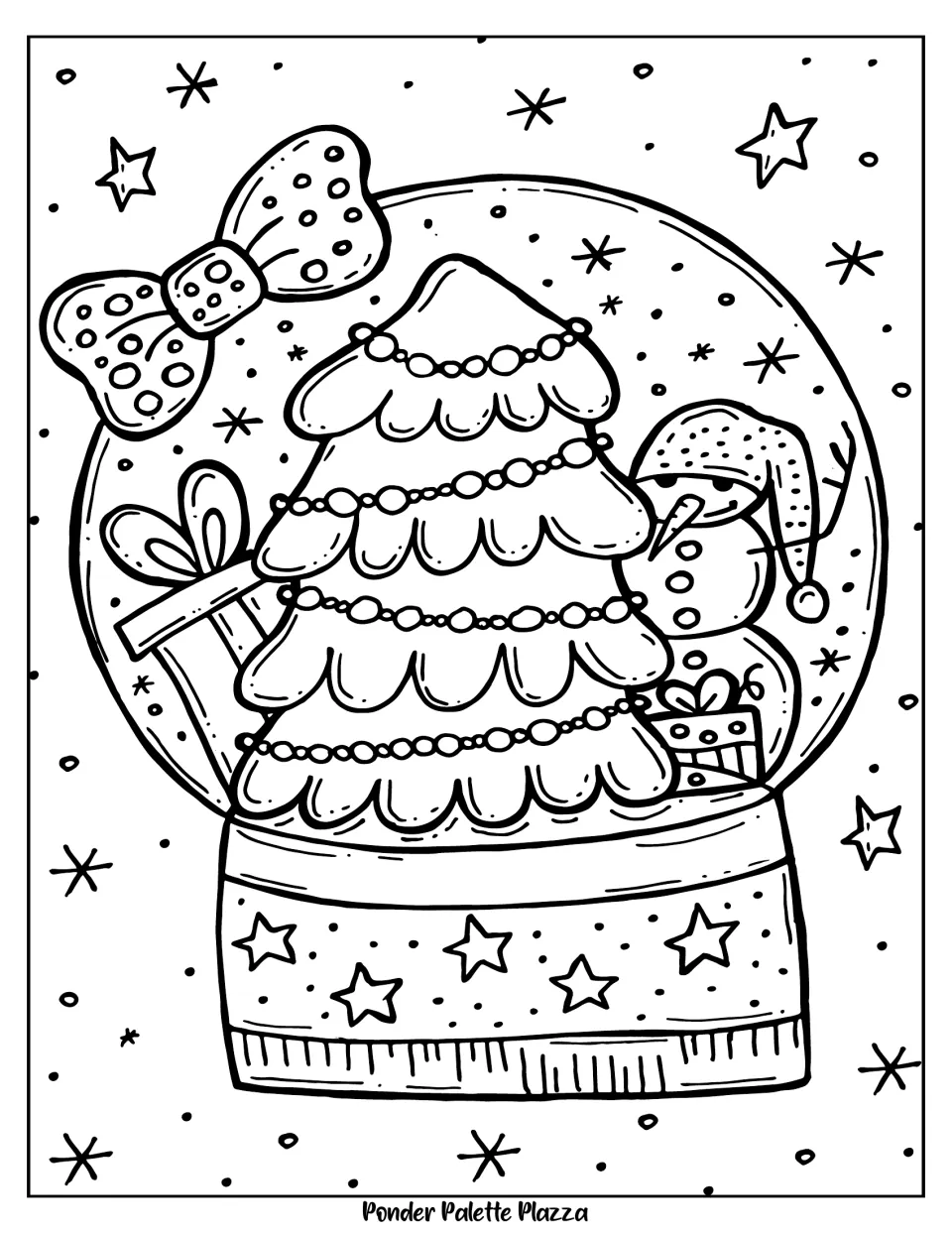 Winter coloring page 3 of 5: a snow globe containing a decorated Christmas tree, snowman, and presents