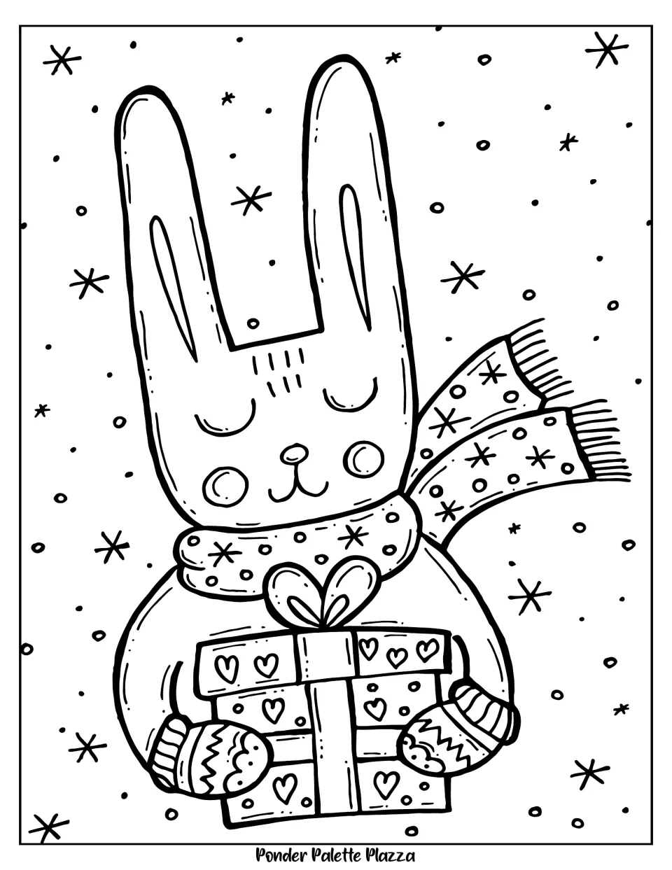 Winter coloring page 4 of 5: a rabbit wearing a scarf and patterned mittens while holding a wrapped gift