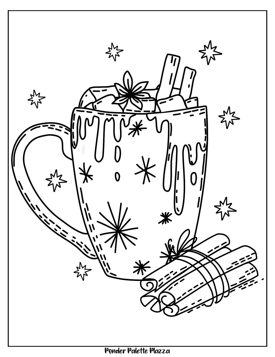 Winter coloring page 5 of 5: a mug topped with marshmallows and spices beside a bundle of cinnamon sticks