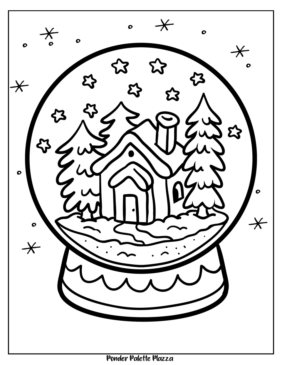 Winter coloring page 1 of 5: a snow globe containing a snow-covered cottage surrounded by evergreen trees
