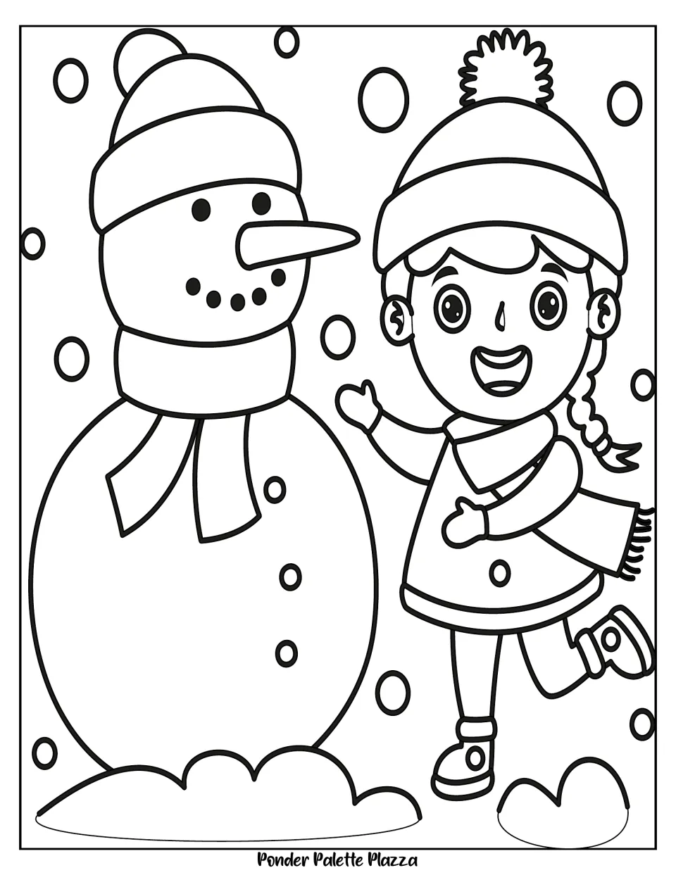 Winter coloring page 2 of 5: a child beside a large snowman, both wearing winter hats and scarves