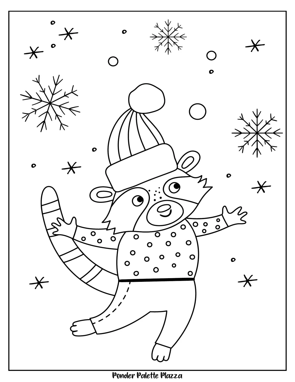 Winter coloring page 3 of 5: a raccoon in a pom-pom hat, dotted sweater, and pants beneath snowflakes