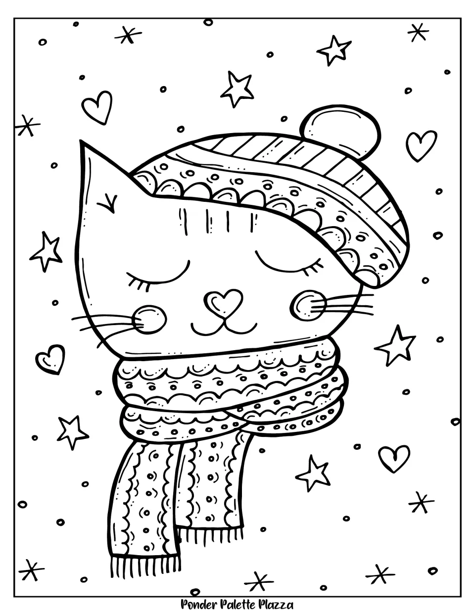 Winter coloring page 4 of 5: a cat with closed eyes wearing a patterned pom-pom hat and a fringed scarf
