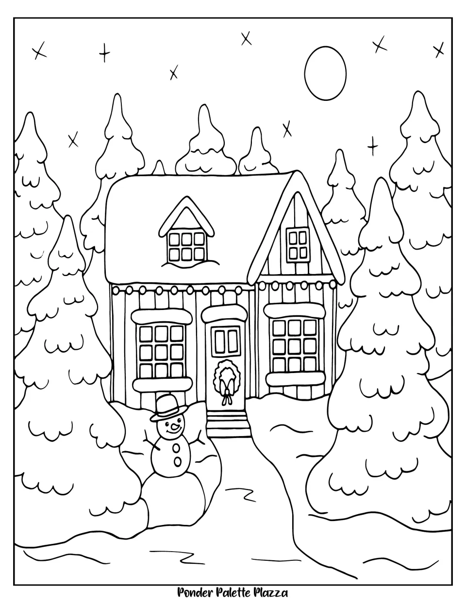 Winter coloring page 5 of 5: a snowy house among evergreen trees, with a snowman beside the front path