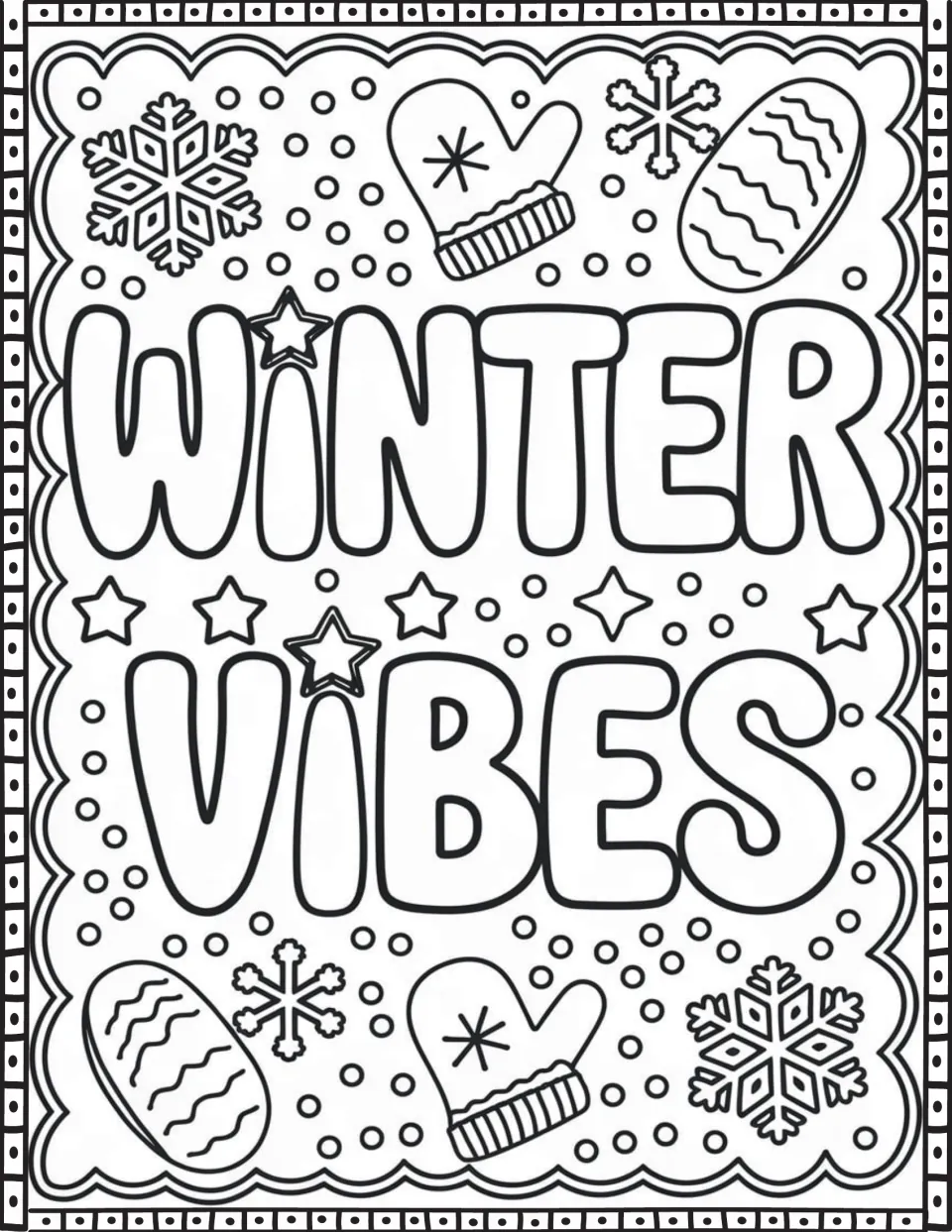 Winter quote coloring page featuring 'Winter Vibes' with mittens, snowflakes, and patterned oval shapes.