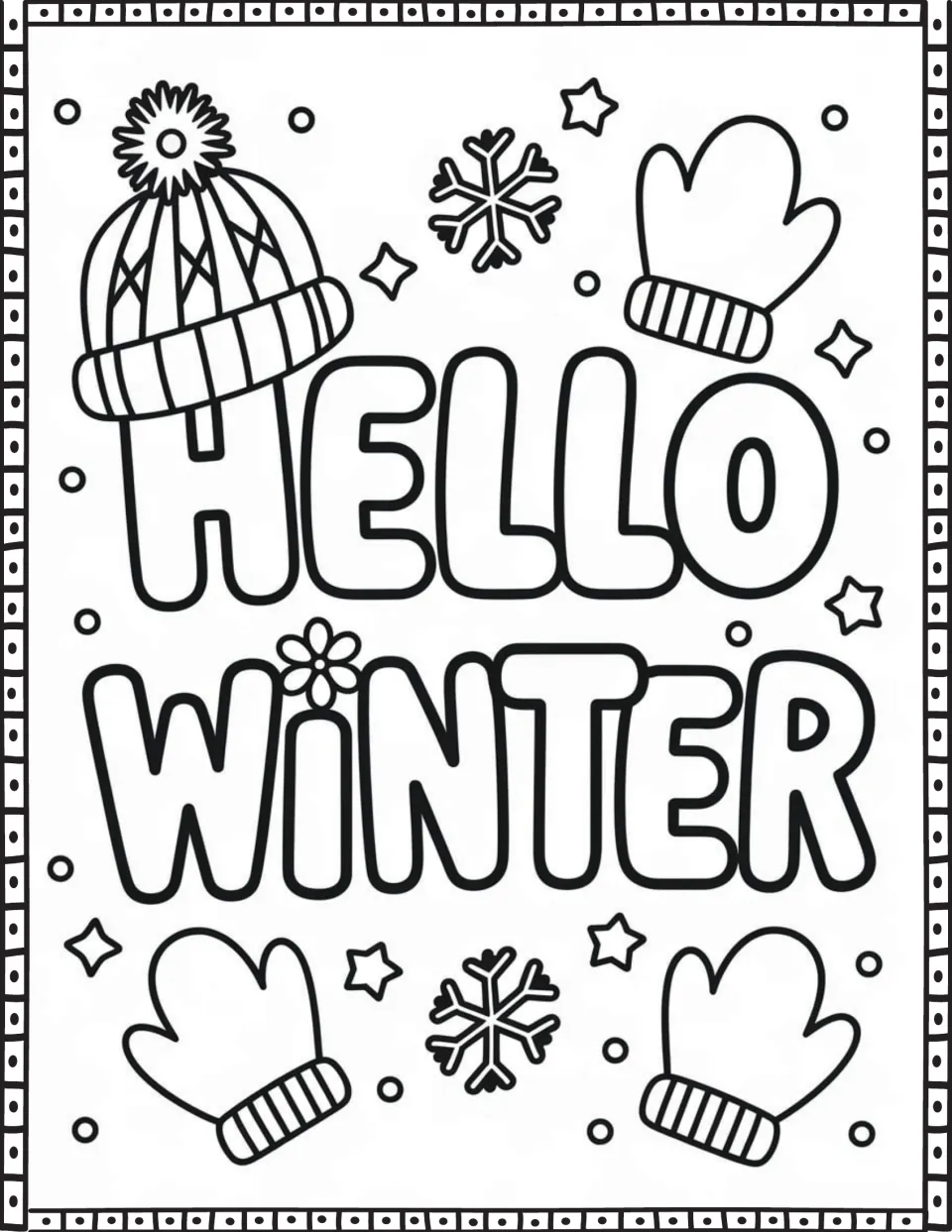 Winter quote coloring page featuring 'Hello Winter' with a pom-pom hat, three mittens, and snowflakes.