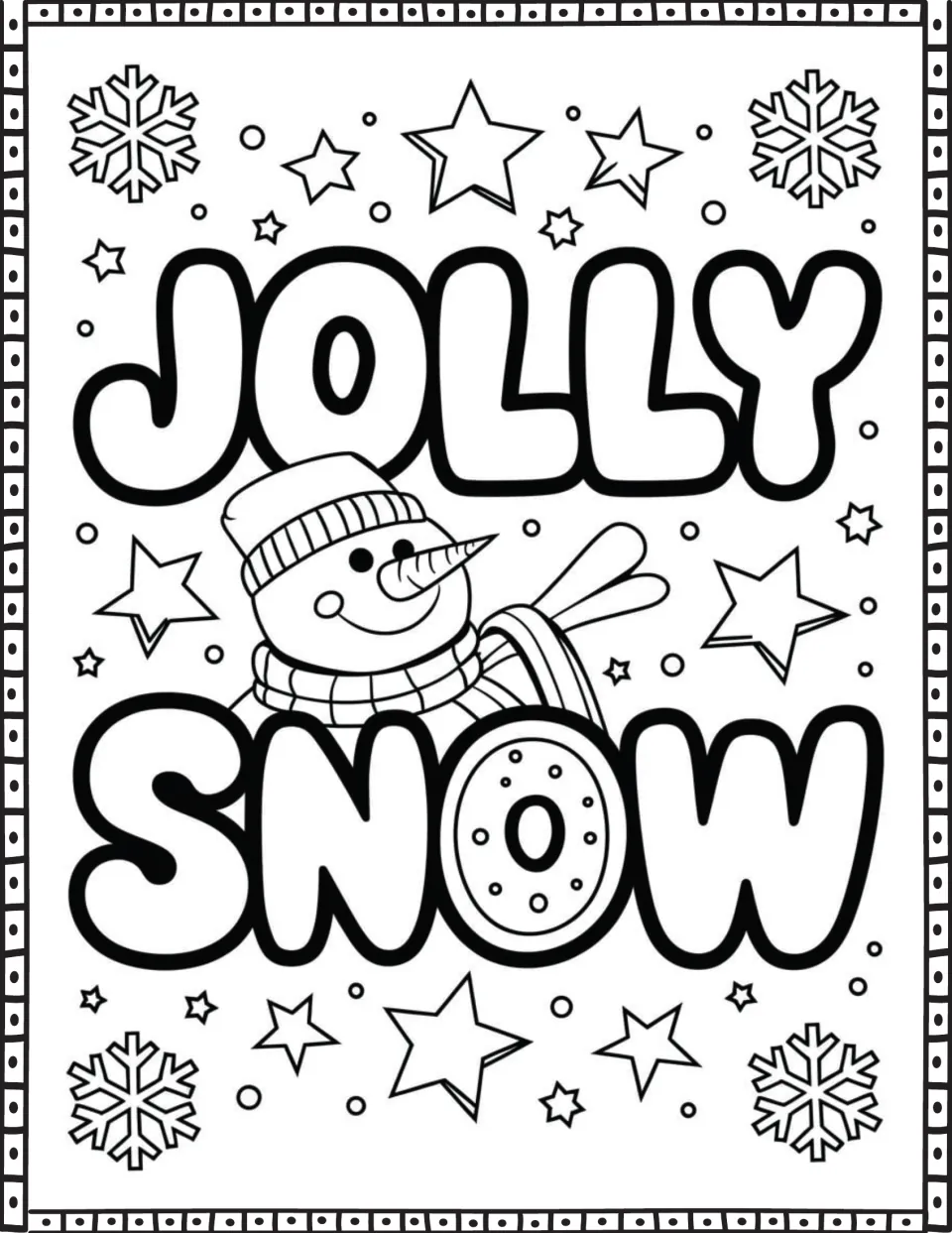 Winter quote coloring page featuring 'Jolly Snow' with a smiling snowman wearing a striped hat and scarf.