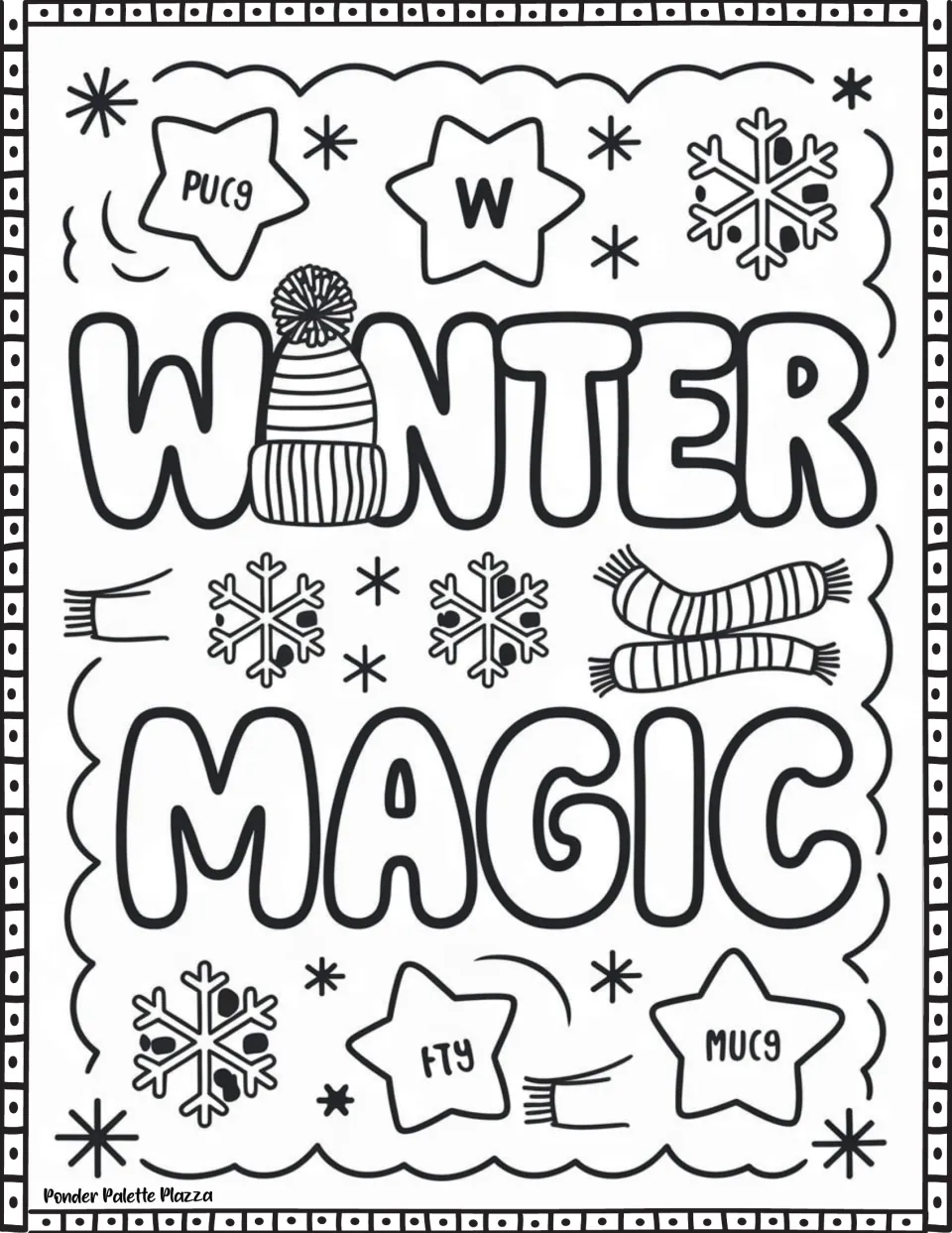 Winter quote coloring page featuring 'Winter Magic' with a striped pom-pom hat, scarves, and snowflakes.
