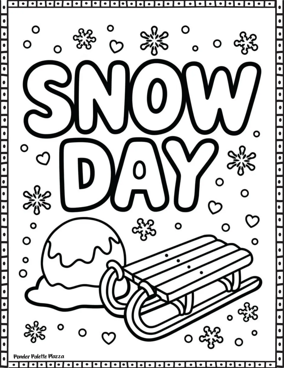 Winter coloring page featuring "Snow Day" above a sled and a rounded mound of snow, with snowflakes to color.