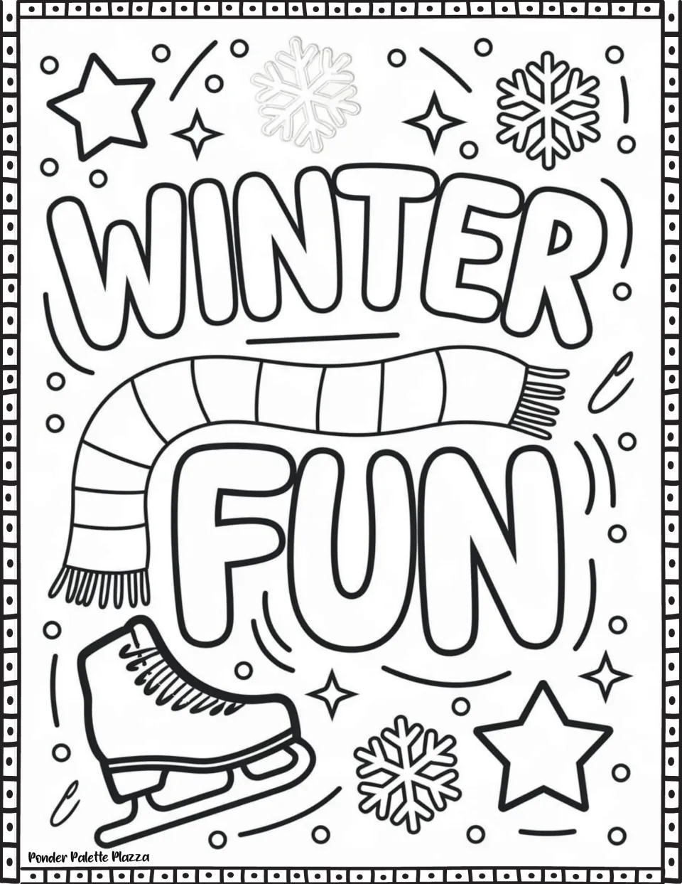 Winter coloring page featuring "Winter Fun" with a long striped scarf, a lace-up ice skate, and snowflakes.