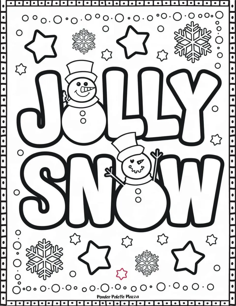 Winter coloring page featuring "Jolly Snow" with two snowmen replacing the O letters, plus snowflakes.