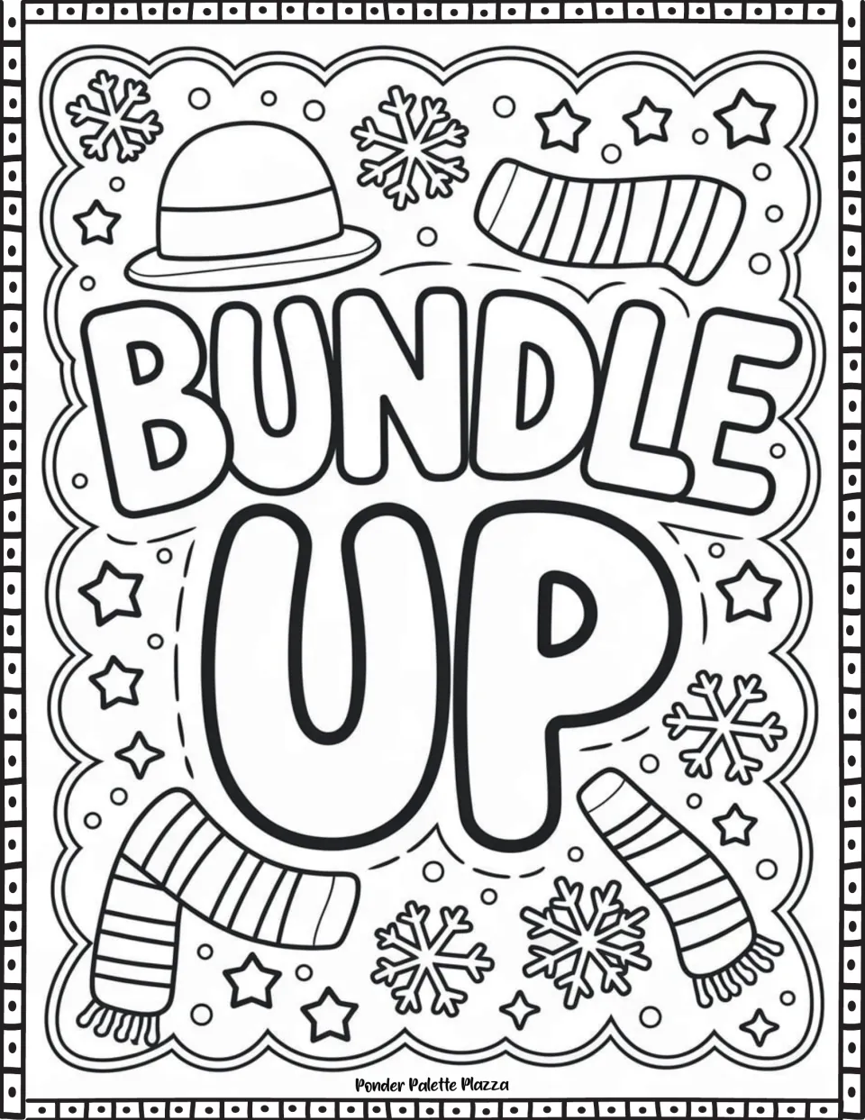 Winter coloring page featuring "Bundle Up" surrounded by a brimmed hat, three striped scarves, and snowflakes.