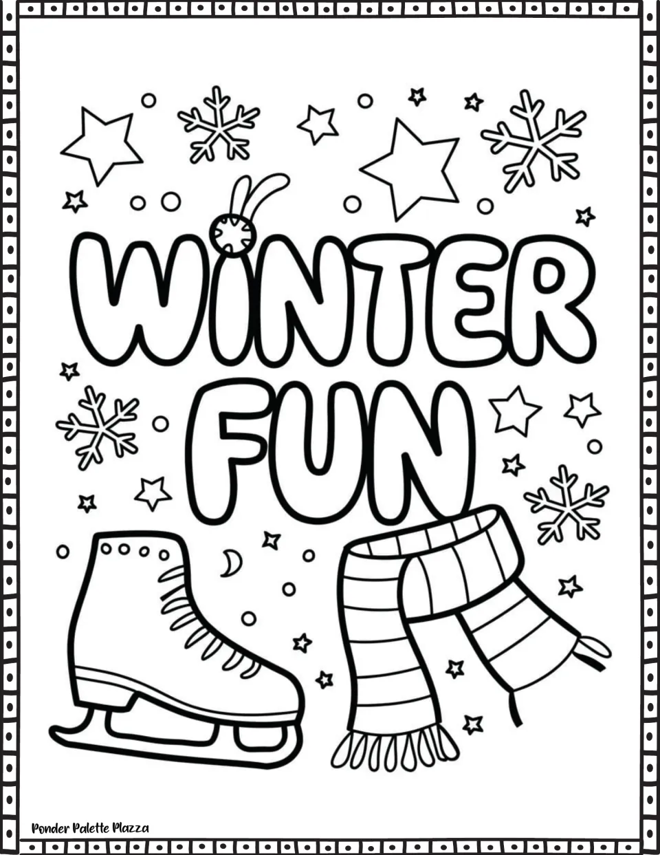 Winter phrase coloring page featuring 'Winter Fun' with an ice skate, a striped scarf, and snowflakes