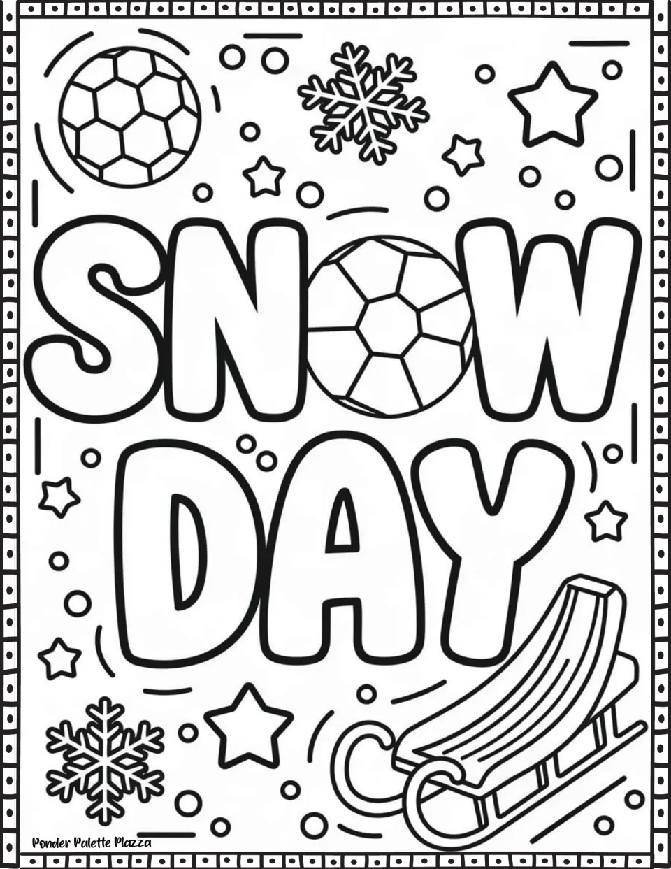 Winter phrase coloring page featuring 'Snow Day' with a sled, snowflakes, and two patterned round shapes