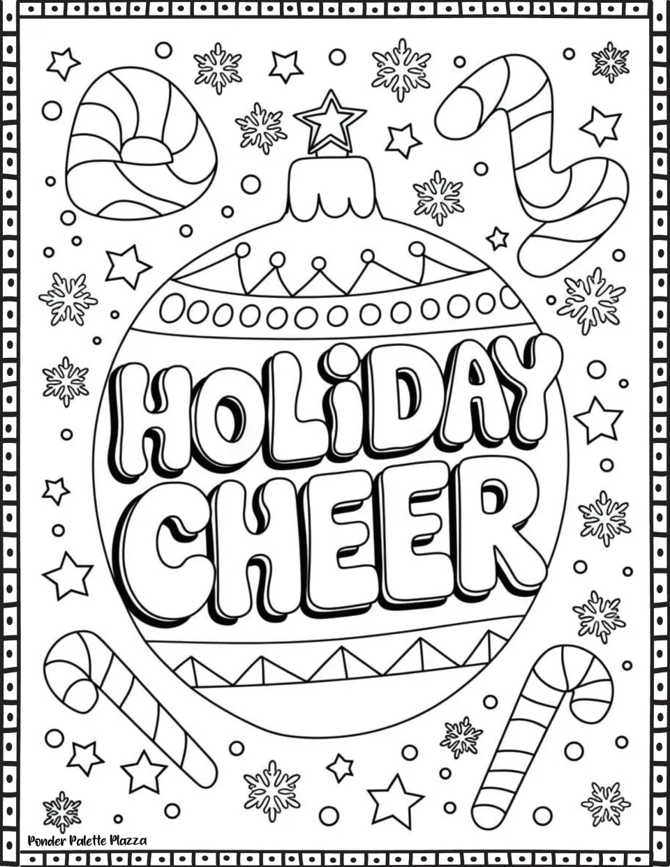 Winter phrase coloring page featuring 'Holiday Cheer' inside a large ornament surrounded by candy canes