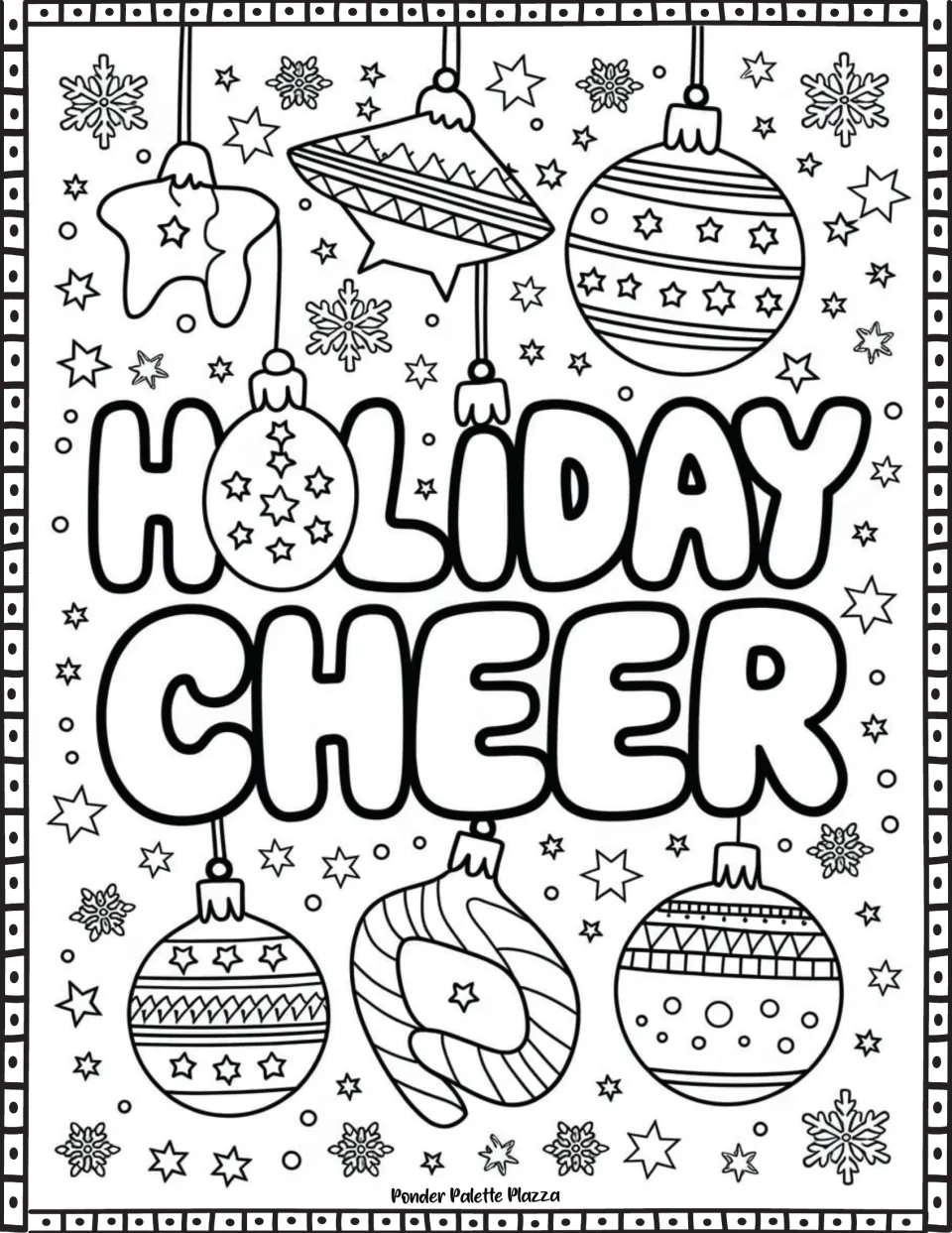 Winter phrase coloring page featuring 'Holiday Cheer' among hanging ornaments decorated with patterns
