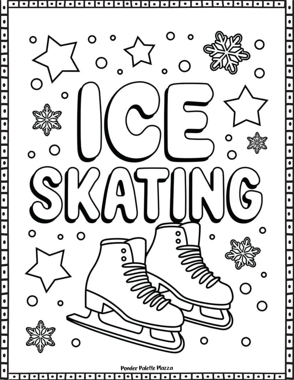 Winter phrase coloring page featuring 'Ice Skating' above a pair of lace-up ice skates with snowflakes