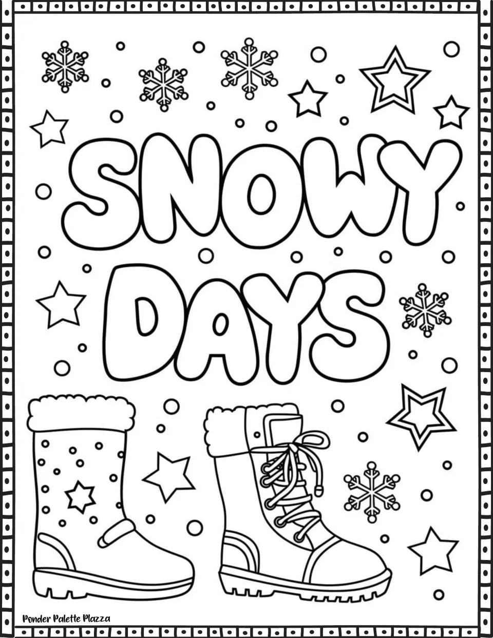 Winter phrase coloring page featuring 'Snowy Days' above two winter boots, one dotted and one lace-up