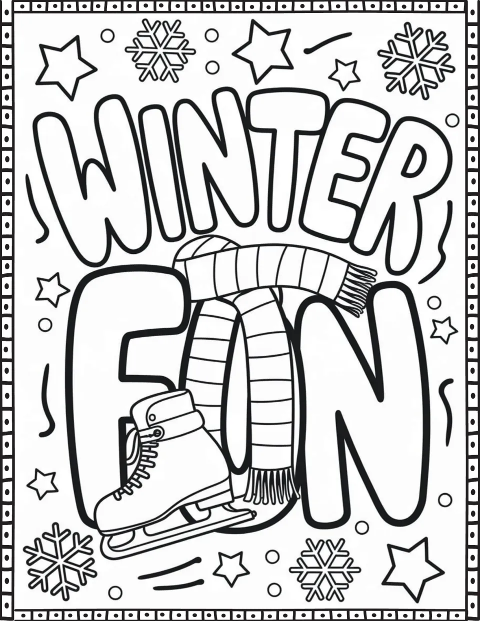 Winter phrase coloring page featuring 'Winter Fun' with a striped scarf and an ice skate overlapping the letters