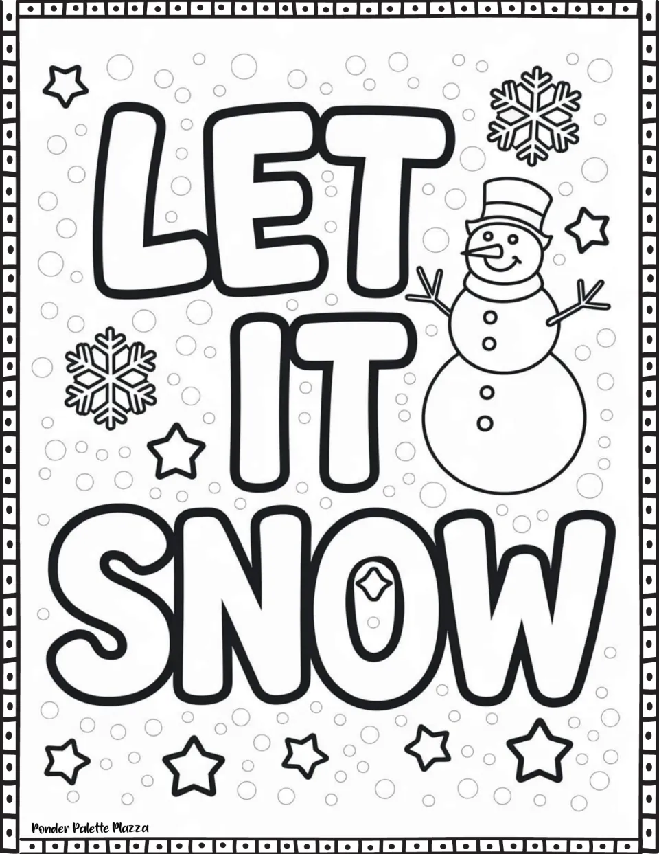 Winter quote coloring page featuring the words 'Let It Snow' beside a snowman wearing a hat and scarf