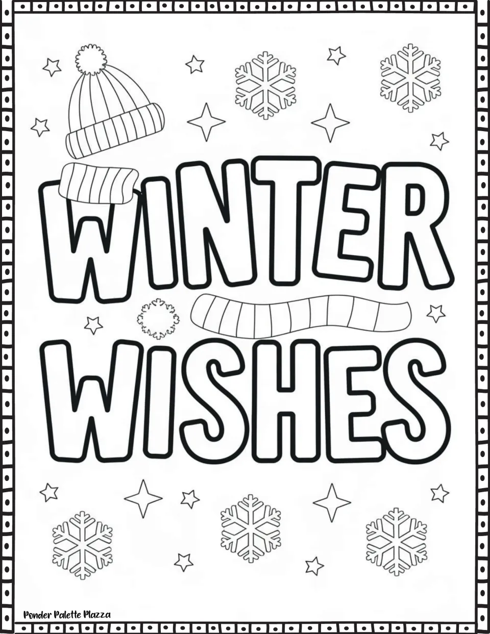 Winter quote coloring page featuring 'Winter Wishes' with a pom-pom hat, striped scarf, and snowflakes