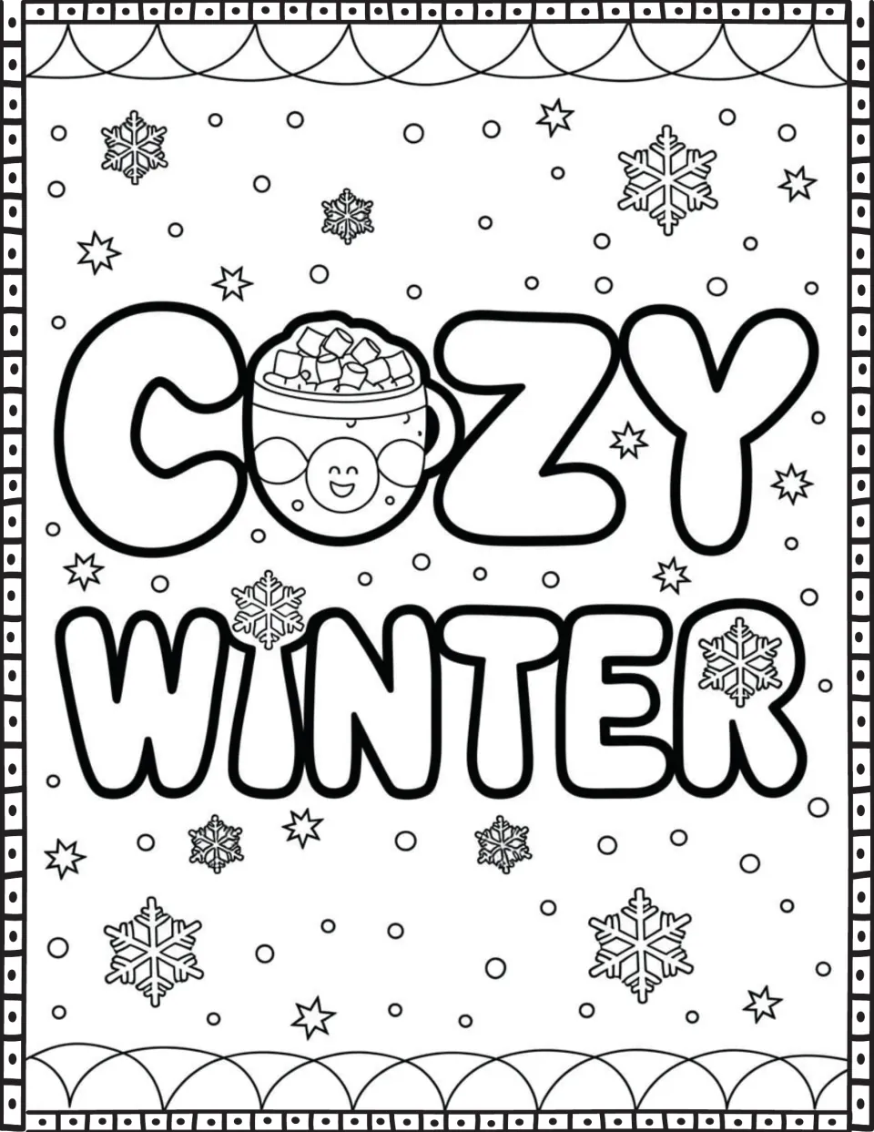 Winter quote coloring page reading 'Cozy Winter,' with a smiling mug of cocoa replacing the letter O