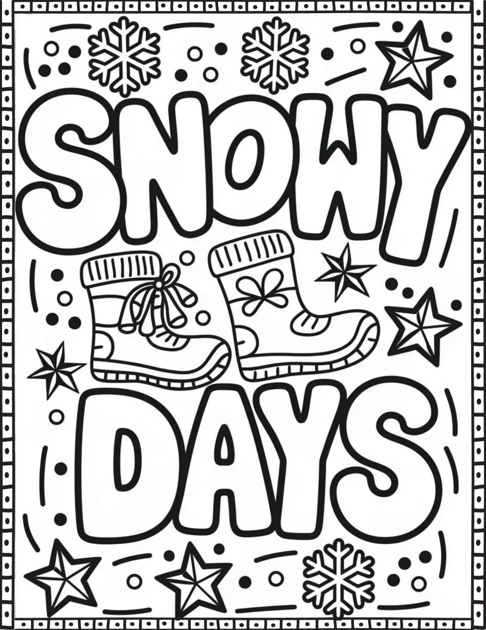 Winter quote coloring page featuring 'Snowy Days' with two decorated winter boots and large snowflakes