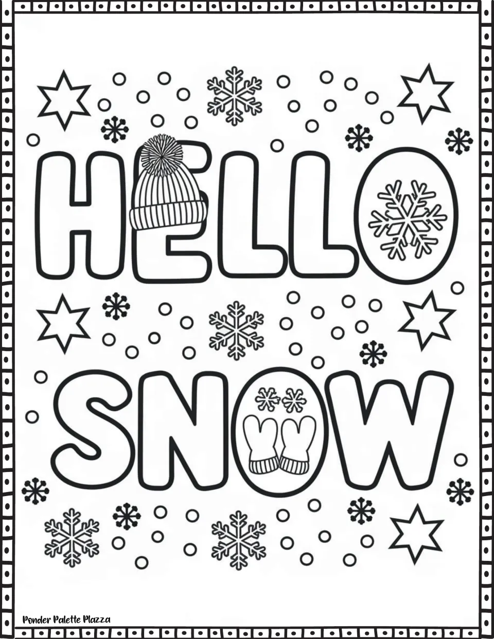Winter quote coloring page featuring 'Hello Snow,' a knit hat, and mittens inside the O in 'Snow'
