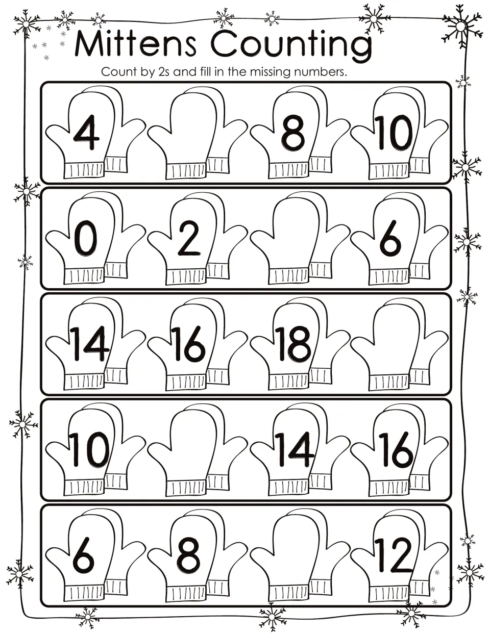 Mittens Counting: students skip count by 2s and write the missing number on one blank mitten in each row of four