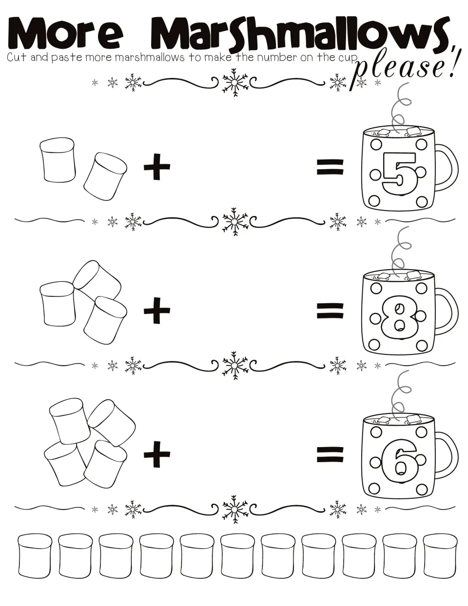 More Marshmallows, Please! count-on page 1: 2 + ? = 5, 3 + ? = 8, 4 + ? = 6, with 11 marshmallows to cut and paste