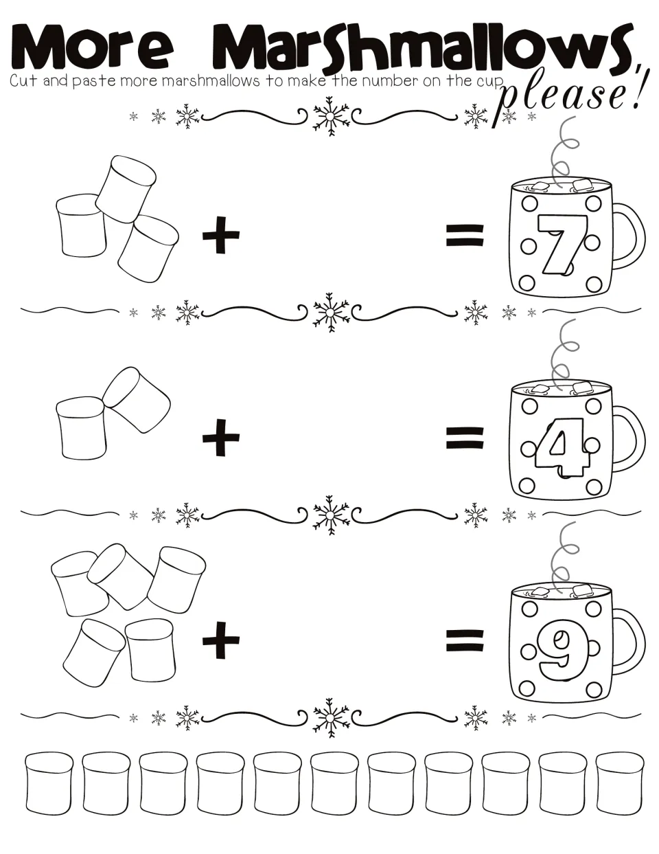 Count-on page 2: 3 + ? = 7, 2 + ? = 4, 5 + ? = 9 shown with marshmallows and mugs, plus 11 cut-out marshmallows to paste