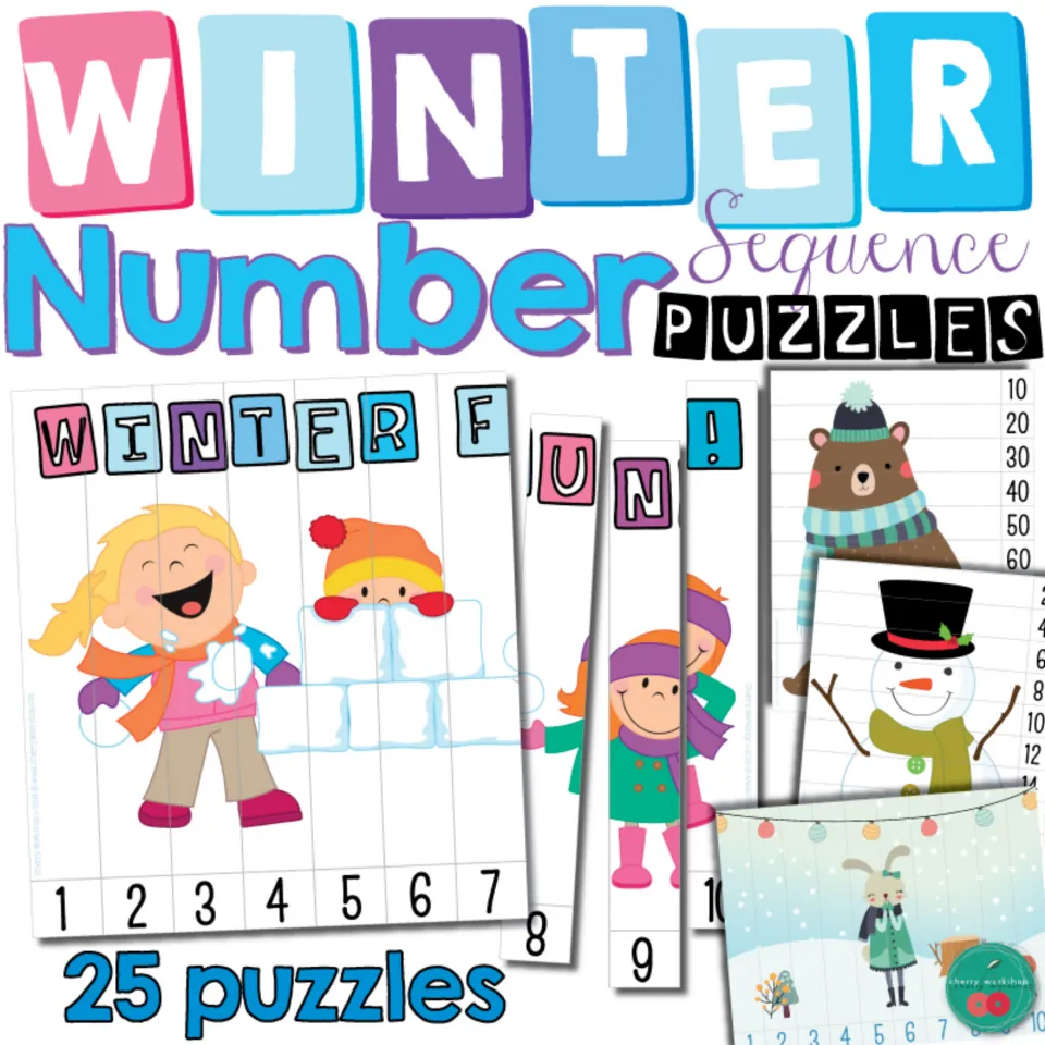 Winter Number Sequence Puzzles cover: sample strip puzzles of a snowman, bear and bunny, labeled 25 puzzles