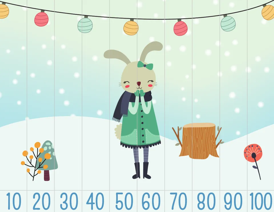 Bunny puzzle counting by 10s: strips numbered 10, 20, 30 up to 100 that rebuild the snowy bunny picture