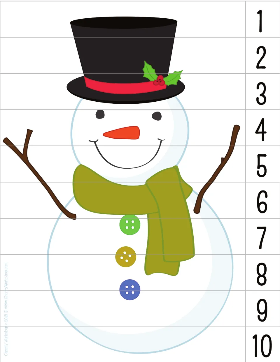 Snowman puzzle counting by 1s from 1 to 10: a snowman in a top hat and green scarf, cut into 10 numbered strips