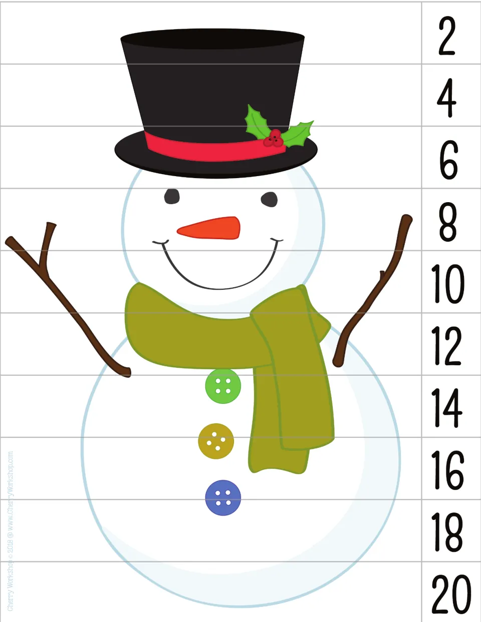 Snowman puzzle counting by 2s: horizontal strips numbered 2, 4, 6 up to 20 that rebuild the snowman