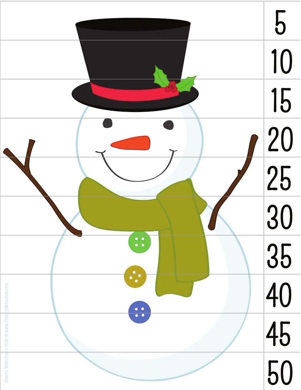 Snowman puzzle counting by 5s: horizontal strips numbered 5, 10, 15 up to 50 that rebuild the snowman