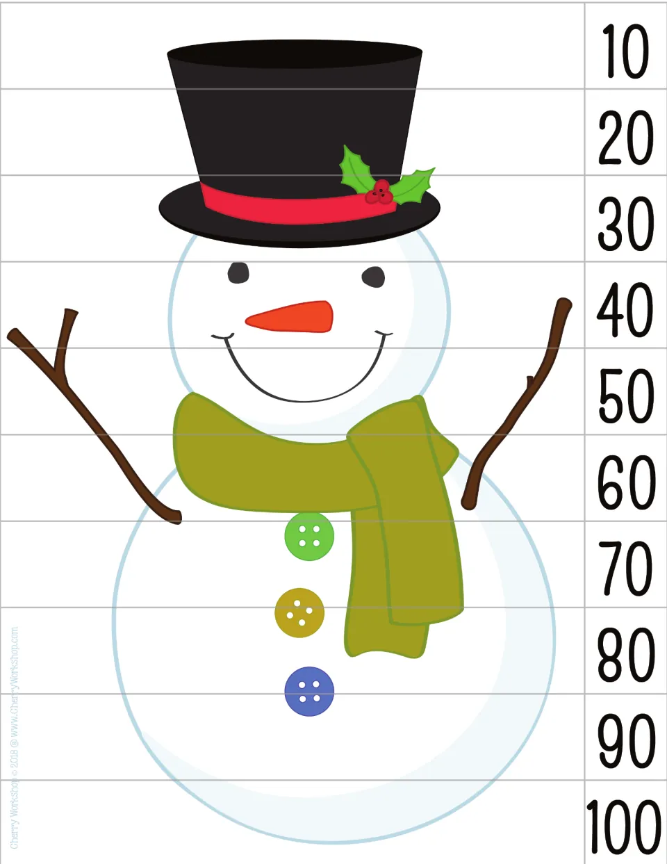 Snowman puzzle counting by 10s: horizontal strips numbered 10, 20, 30 up to 100 that rebuild the snowman